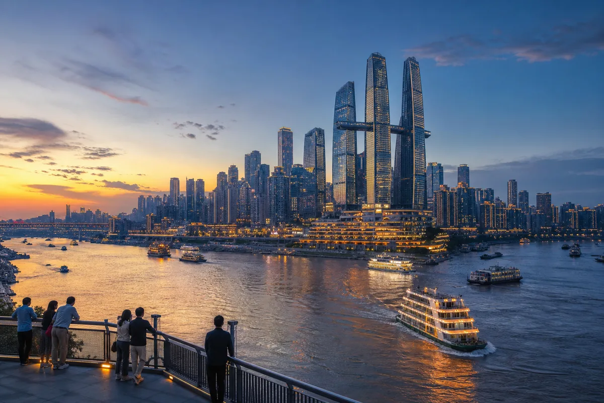 Illustrative blue-hour view of the river confluence and Raffles City skyline at Chaotianmen