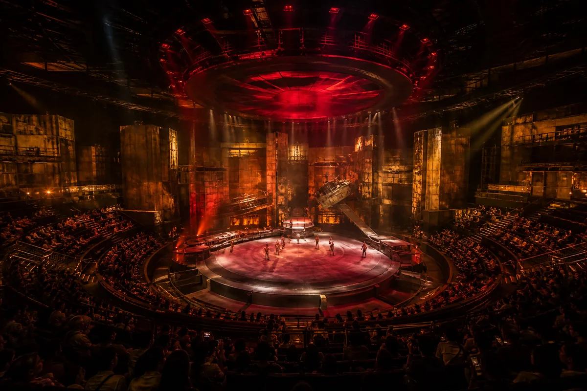 Illustrative circular immersive theatre with a rotating stage under red and amber light