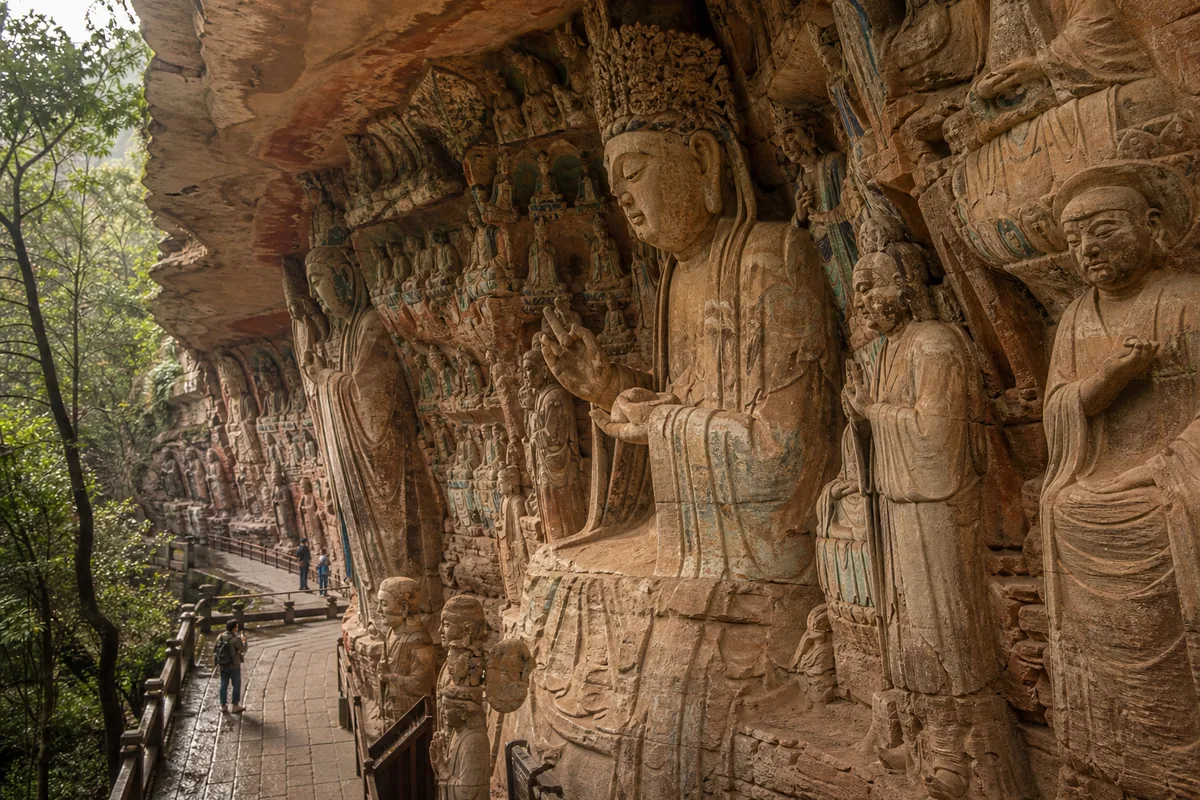 Illustrative sheltered sandstone cliff with Buddhist figures at the Dazu Rock Carvings