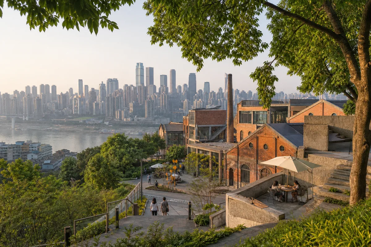 Illustrative leafy hilltop terrace and red-brick creative district overlooking Chongqing