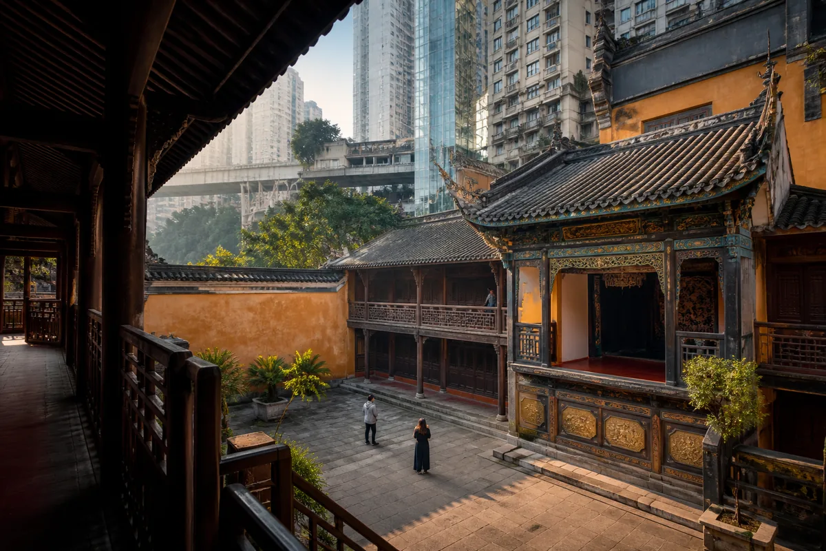 Illustrative Qing-era courtyard and ornate timber stage at Huguang Guild Hall