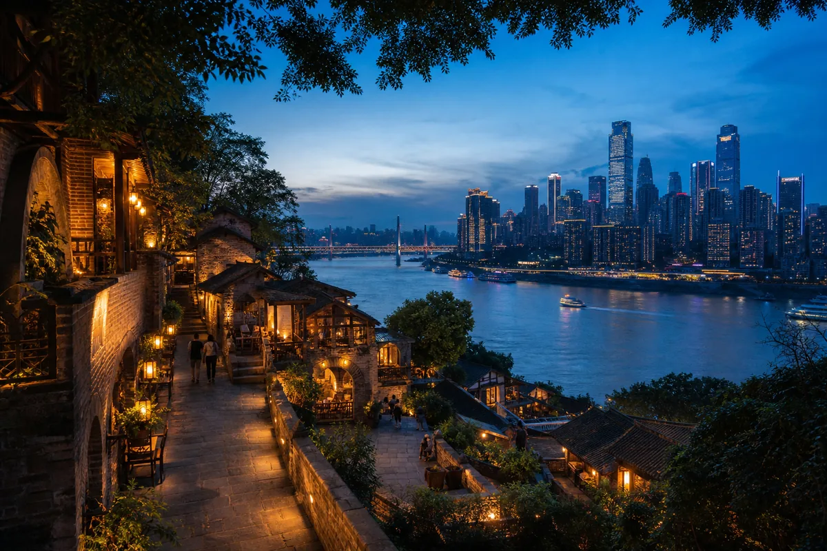 Illustrative blue-hour view from Longmenhao hillside lanes across the Yangtze to Yuzhong
