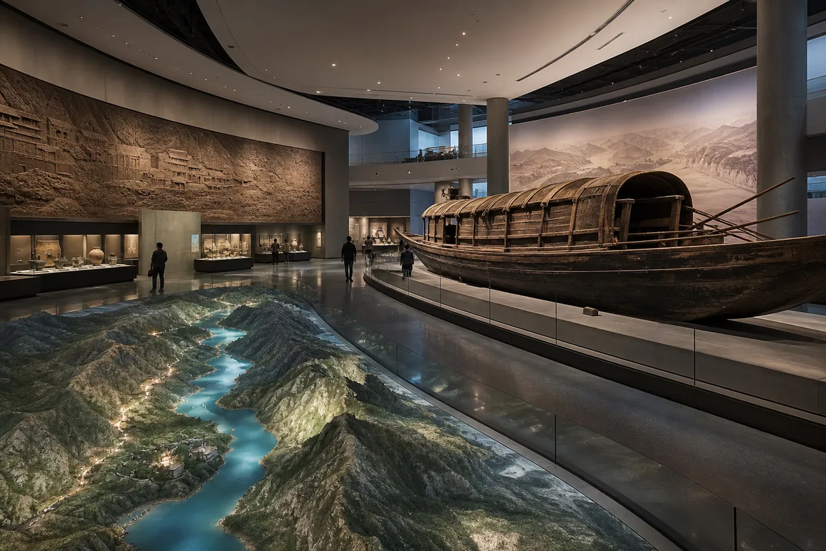 Illustrative museum gallery with a Three Gorges landscape model and traditional river boat
