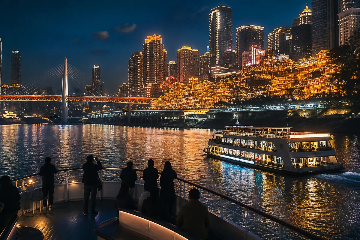 Illustrative night-cruise deck facing Chongqing riverfront lights and a passing ferry