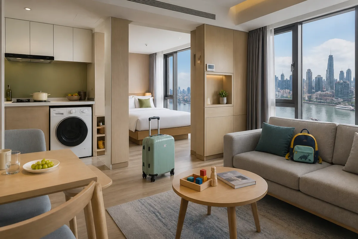 Illustrative family serviced apartment with kitchen and laundry facilities