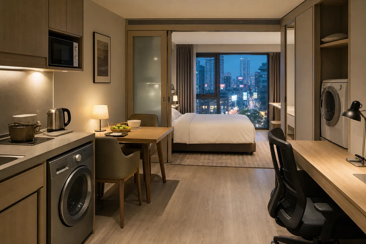 Illustrative long-stay apartment with workspace near Guanyinqiao