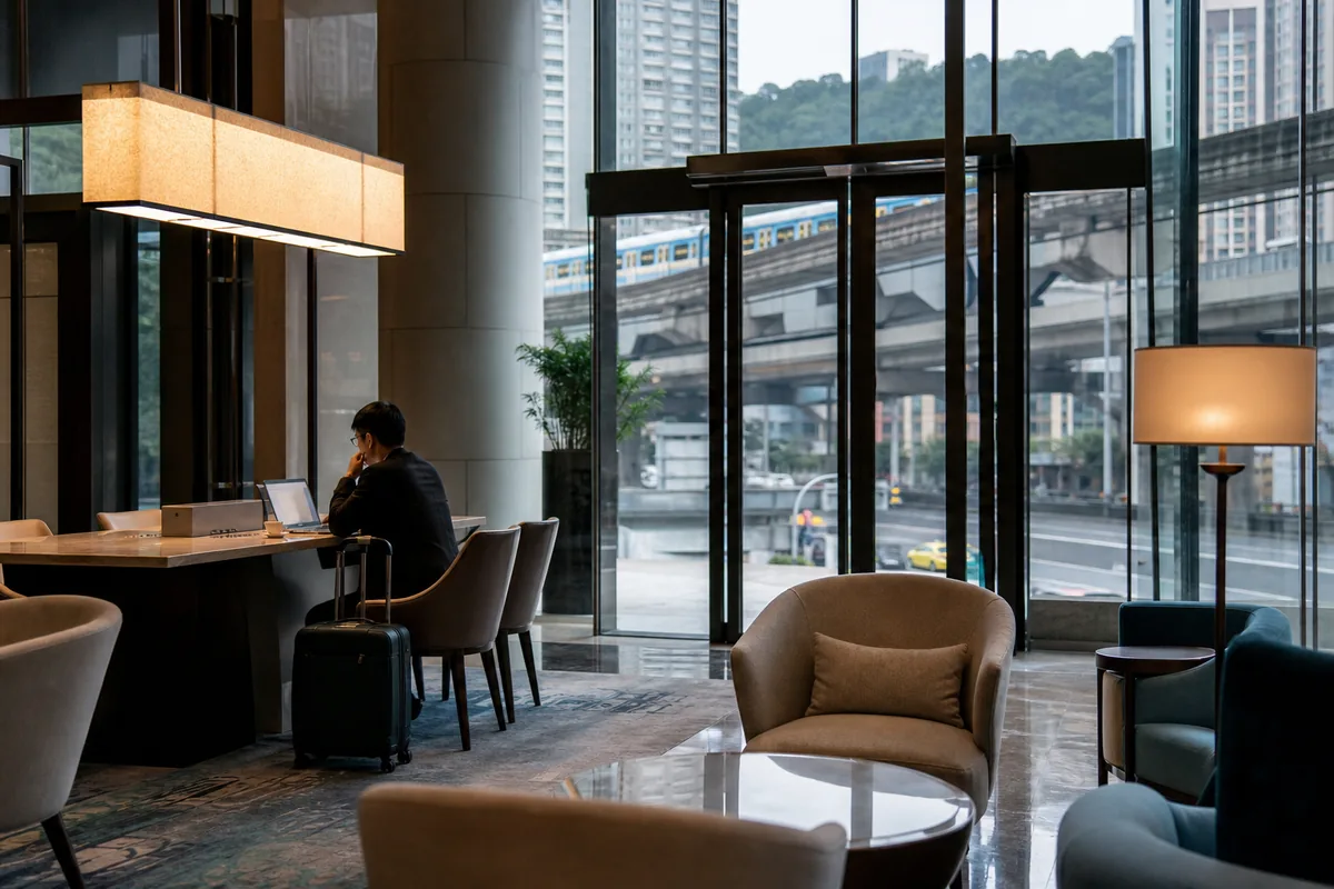 Illustrative business hotel lounge beside a central Chongqing transit interchange