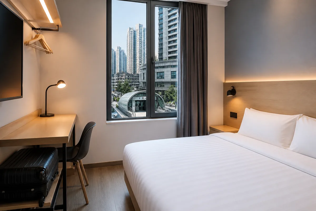 Illustrative compact budget room near central Chongqing metro access