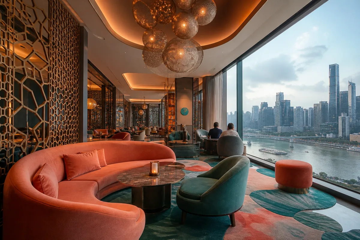 Illustrative design-led boutique lounge overlooking the Chaotianmen riverfront