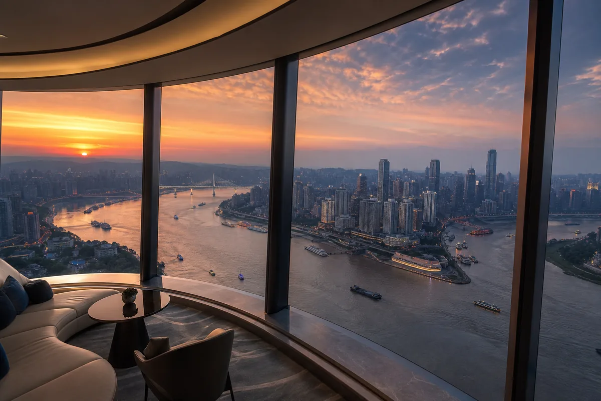 Illustrative landmark high-floor lounge overlooking Chongqing river traffic