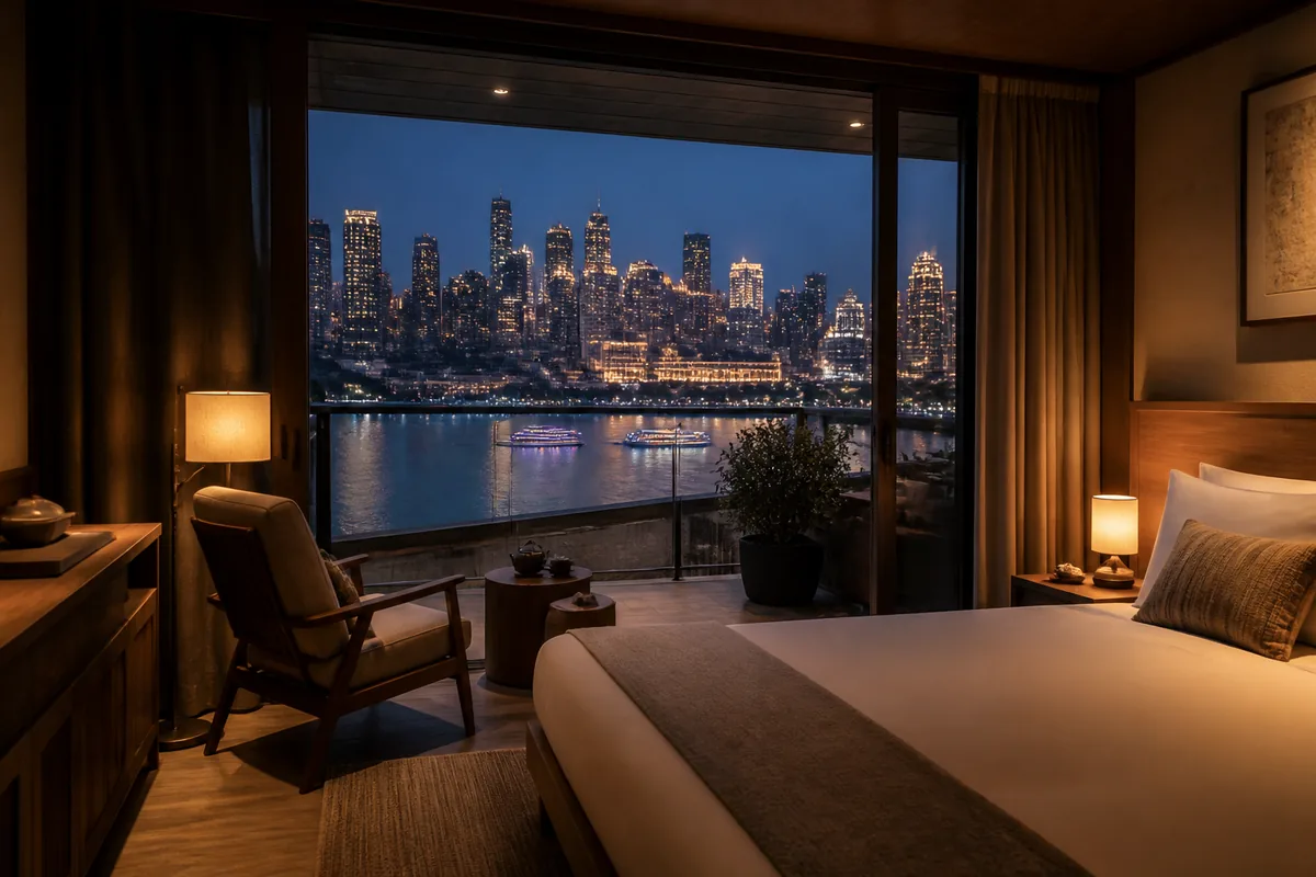Illustrative boutique guest room facing the Nanbin Road riverfront at night