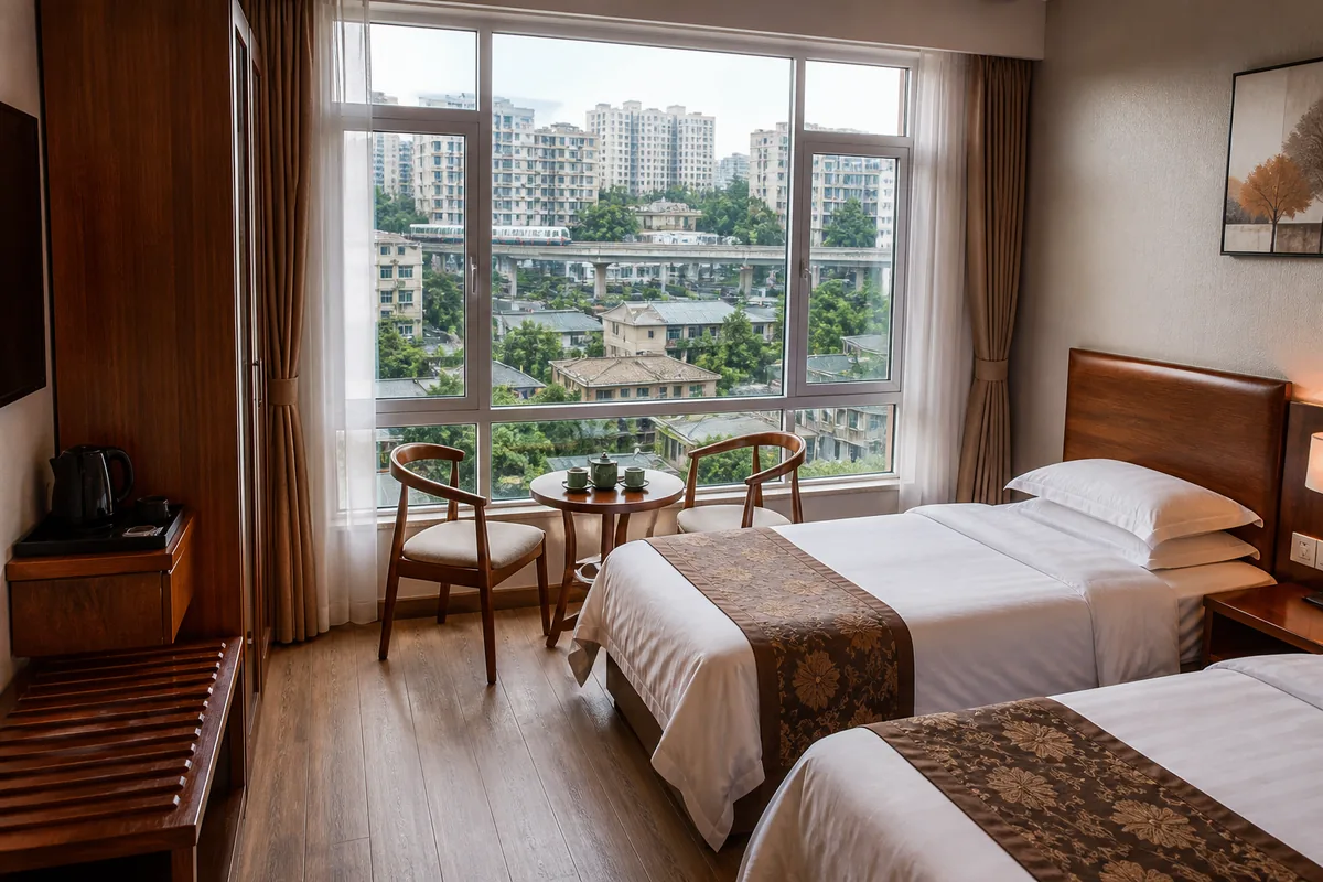 Illustrative good-value twin room overlooking a leafy Shapingba neighborhood