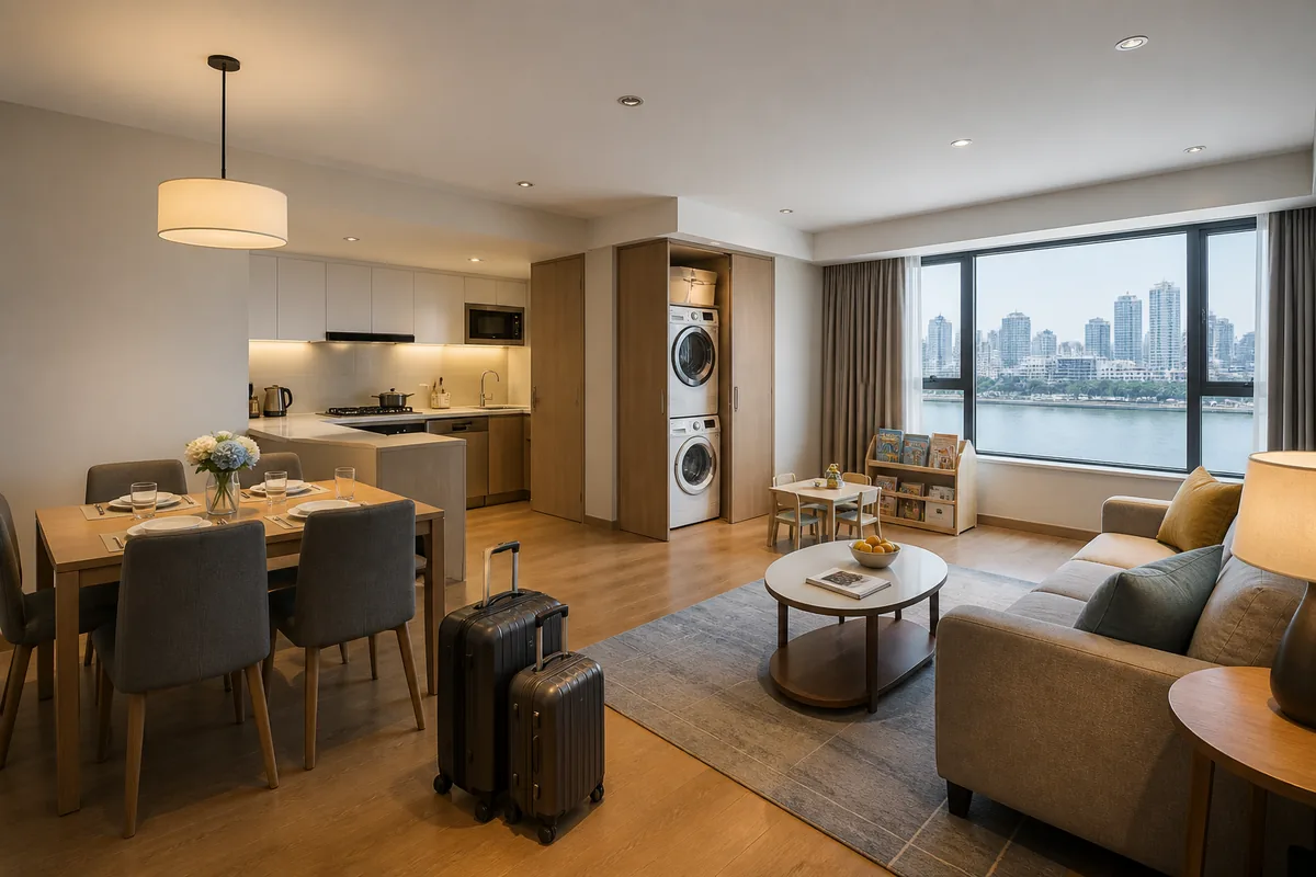 Illustrative spacious family serviced apartment with kitchen and laundry