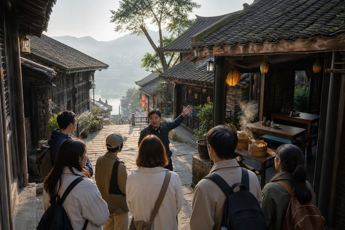 Illustrative guide leading a quiet early-morning culture walk through Ciqikou
