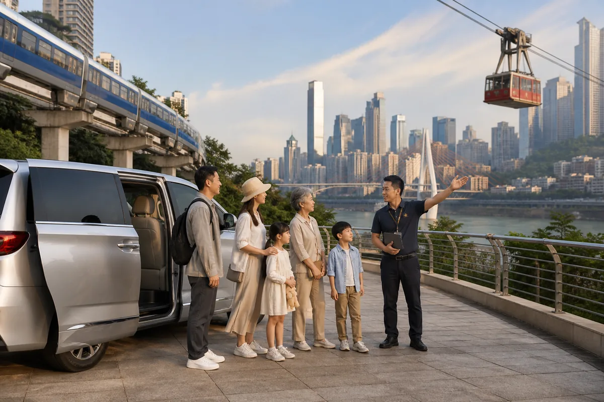 Illustrative multigenerational family and private guide at an accessible Chongqing river viewpoint