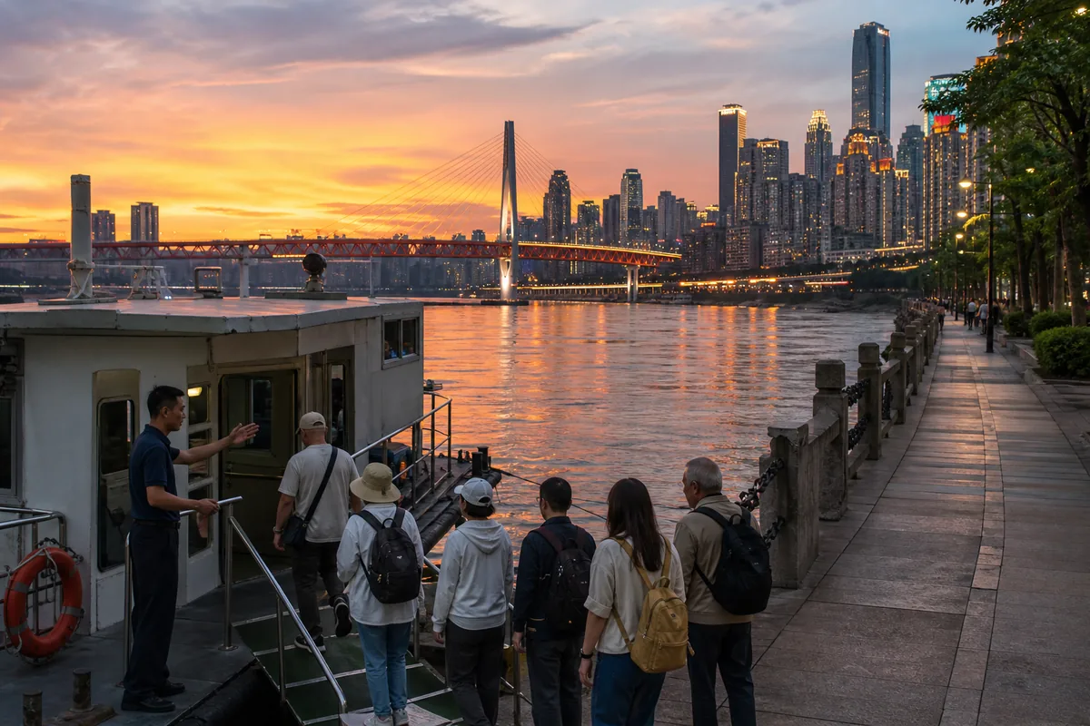 Illustrative guided group boarding a local ferry beside the Chongqing riverside at sunset