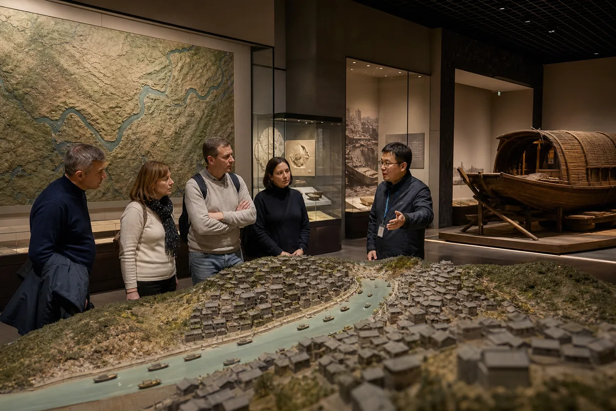Illustrative private museum guide explaining Chongqing history with a city model and river exhibits