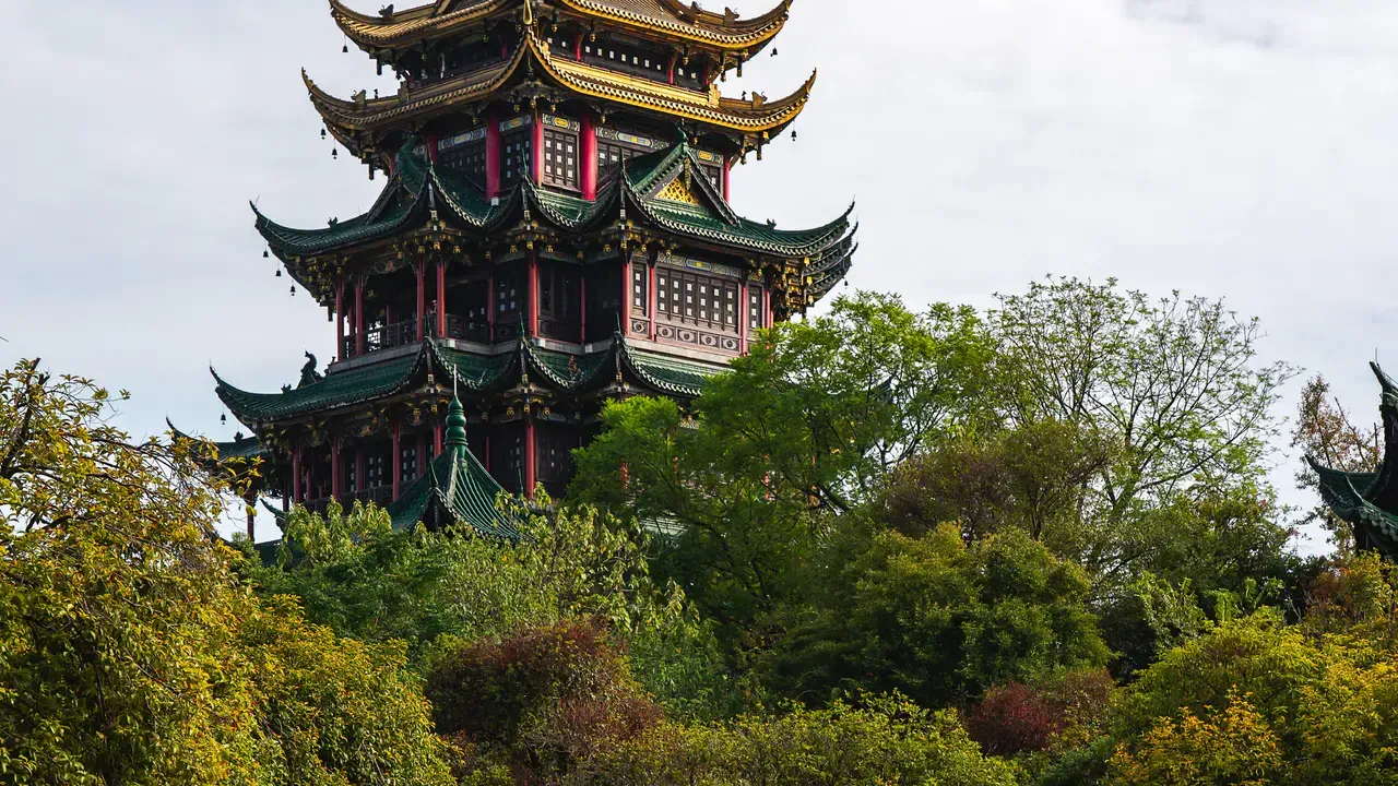 Hong'en Pavilion rising above trees in daylight