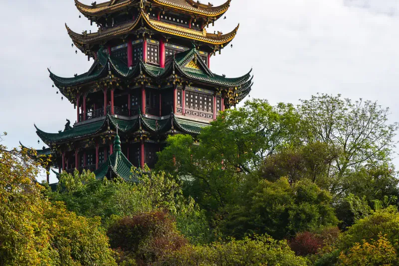 Hong'en Pavilion rising above trees in daylight
