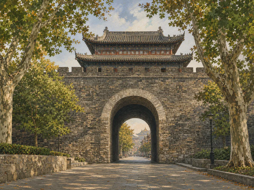Editorial illustration of Nanjing’s Ming city gate framed by plane trees