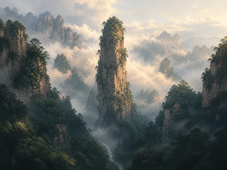 Editorial illustration of Zhangjiajie sandstone pillars rising through morning mist