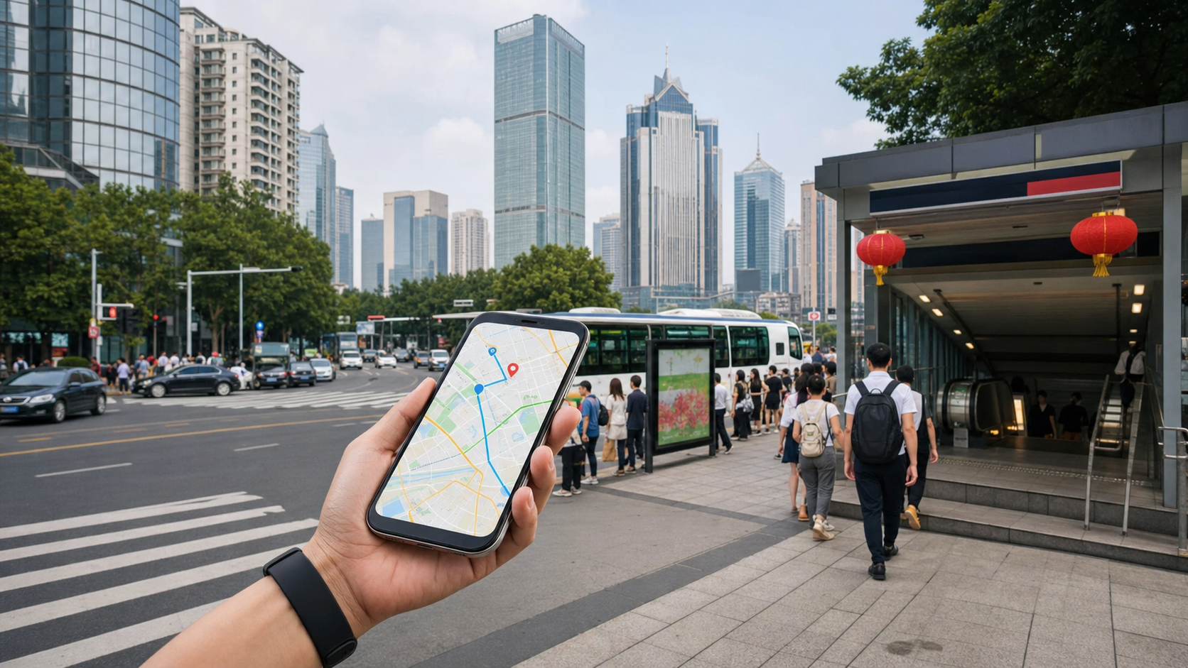 Traveler using a smartphone map app near a subway entrance in a Chinese city