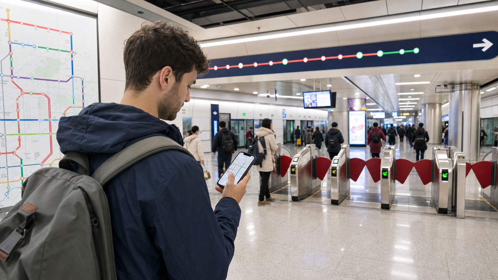 Traveler checking a smartphone map route inside a modern Chinese metro station