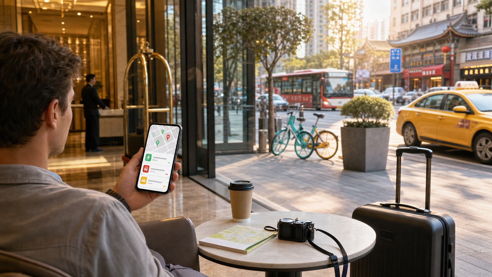 Traveler comparing walking transit and taxi route options on a smartphone near a hotel lobby in China